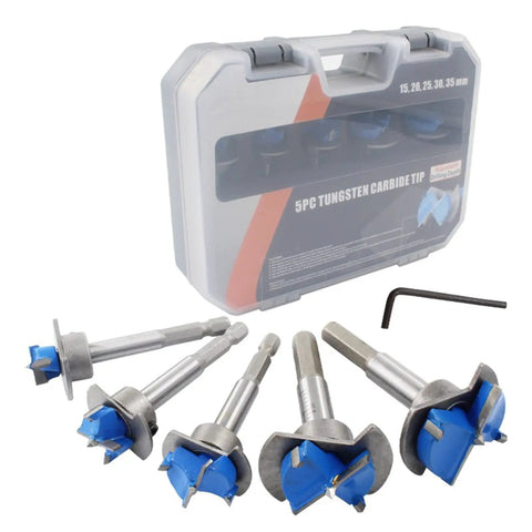 Top Rated Five Piece Forstner Bit Set Delivers Smooth As Butter Hole Boring For Dead Nuts Precise Woodworking Projects With Heavy Duty Hex Shank Fit For Cordless Drills And Bench Tools From 15 To 35 Millimeters in clear case.