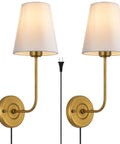 Two Pack Plug In Wall Sconces Antique Brass Vintage Industrial Style with Flared White Fabric Shade Perfect for Dining Living Room and Bedrooms Create Cozy Modern Vibe