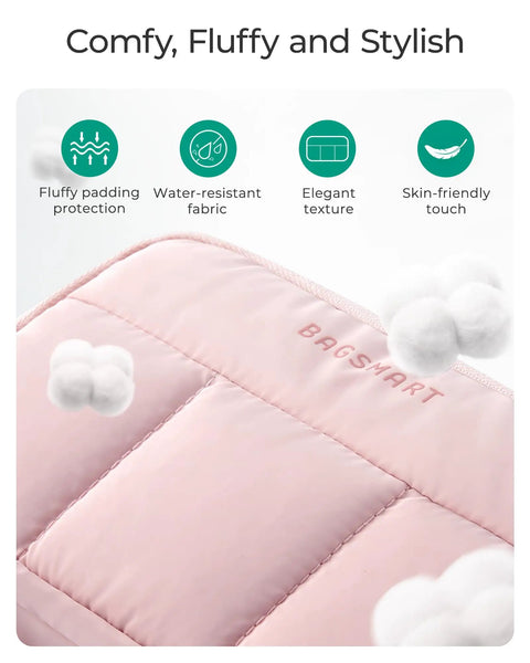 Close-up of Electronics Organizer Travel Case with fluffy quilted pink finish detailing material and texture features.