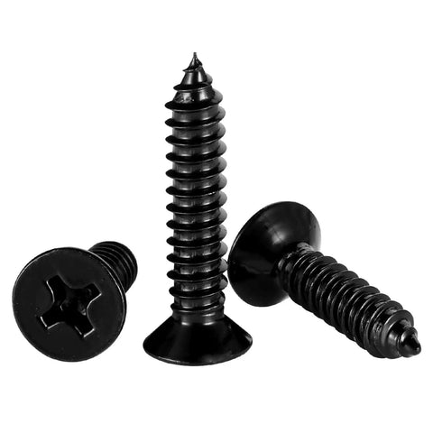 Heavy Duty 12 Gauge 2 Inch Flat Head Self Tapping Wood Screws 304 Stainless Steel Black Finish Quick Grip Rust Proof 50 Piece Collection display.