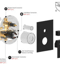 Diagram of Matte Black Shower System with cUPC-certified brass valve components and connectors for bathroom upgrade.