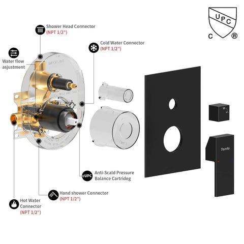 Diagram of Matte Black Shower System with cUPC-certified brass valve components and connectors for bathroom upgrade.