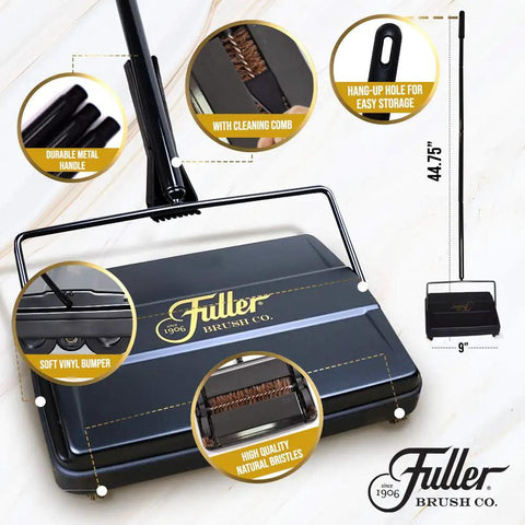 Electrostatic Carpet And Floor Sweeper Boasts A Nine Inch Cleaning Path For Tile And Rug, matte black with durable handle.