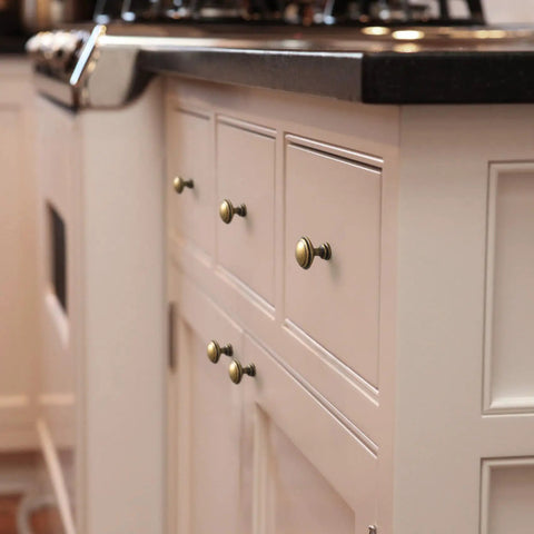 Cabinet with Six Pack Antique Brass Cabinet Knobs With Layered Edge Detailing Classic Round Drawer Pulls For Kitchen.