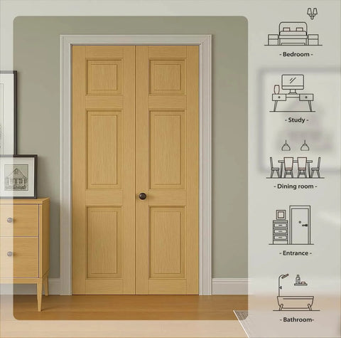 Unfinished Paneled Pine Bi-Fold Door 30x80 Inches For Closet And Interior Use With Hardware Kit And Handle Built Tough, Barn Style Wood Slab Door For Rustic Modern Homes installed in bedroom doorway
