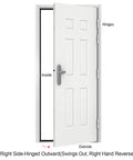 Built Tough Steel Security Door With Frame And Hardware White 6 Panel Right Hand Hinged Outward displayed partially open.