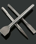 Three steel SDS Max masonry chisels crossed over each other in a front view