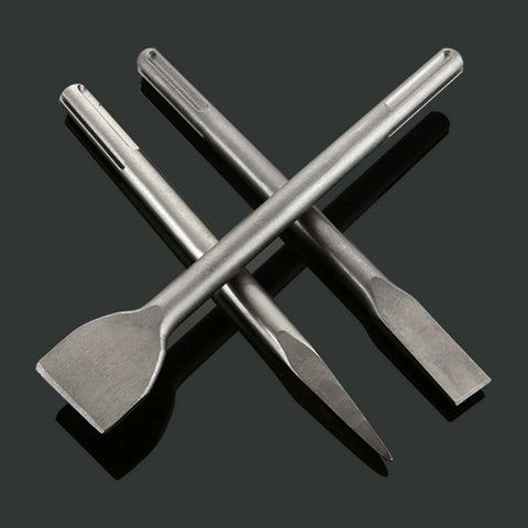 Three steel SDS Max masonry chisels crossed over each other in a front view