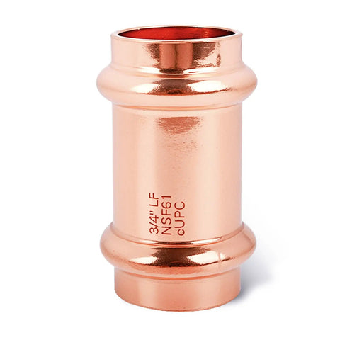 10 Pack Three Quarters Inch Copper Press Coupling With Stop Easy Install ProPress Fitting Seven Eighths Inch OD, lead-free copper coupler