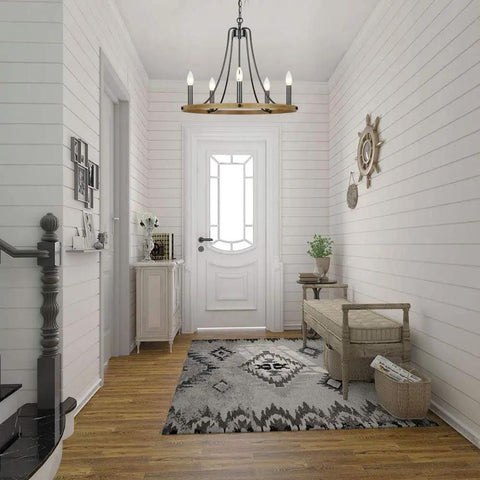 Entryway with Five Light Farmhouse Chandelier With Vintage Candle Look Black Finish For Dining Room Living Room Kitchen And Bedroom 22.8 Inch Hanging Light Fixture With E12 Sockets