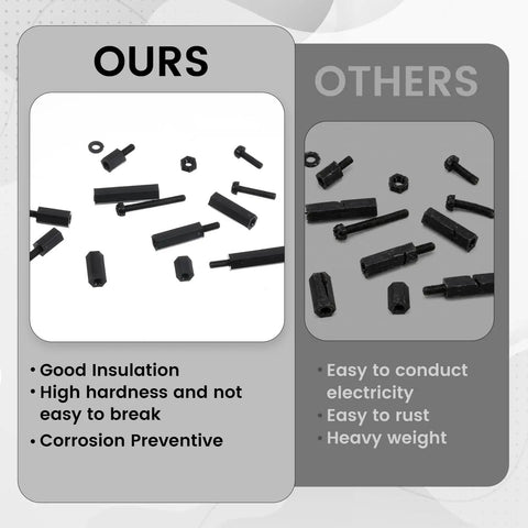 Massive 365 Piece M2.5 Nylon Hex Spacer Standoff Kit With Male And Female Studs Washers Screws And Nuts For PCBs Motherboards Circuits Electrical Switches And Receptacles, black nylon standoffs