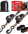 Heavy Duty Retractable Ratchet Straps Two Pack One Inch X Ten Foot Auto Retract Cargo Tie Downs With No Fuss Slick Grip And Hassle Free Quick Lock For Pickup Trucks in camouflage design.