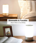 Smart Table Lamp For Bedroom With Alexa And Google Home Compatibility next to bed and book, dimmable and tunable lighting