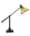 Mission Style Bank Table Lamp With 100-Piece Art Glass Shade In Beige Blue Red And Butterscotch, adjustable arm, metal base