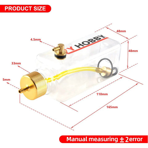 RC Gas Fuel Tank Bottle 260ml Transparent Plastic for RC Airplanes with metal cap, showing dimensions and inlet outlet features.