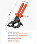 Heavy Duty Ratcheting Cable Cutter Tough As Nails Spring Steel Blades With Killer Grip Handles, dimensions and cutting capacity displayed.