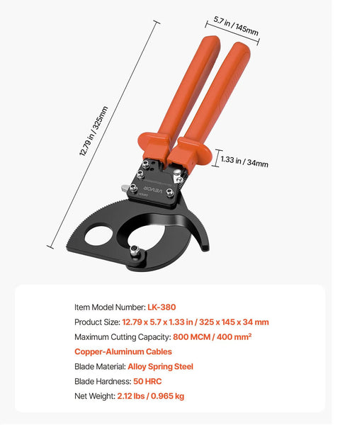 Heavy Duty Ratcheting Cable Cutter Tough As Nails Spring Steel Blades With Killer Grip Handles, dimensions and cutting capacity displayed.