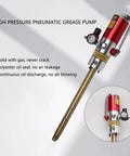 Heavy Duty Pneumatic Grease Gun Featuring 50 To 1 Pressure with gold nozzle and gauge, designed for efficient lubrication tasks.