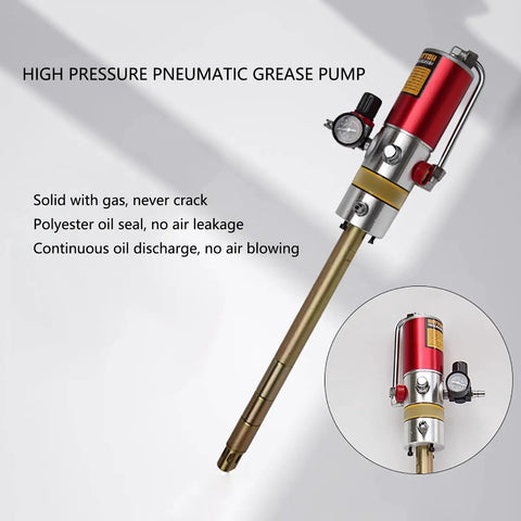 Heavy Duty Pneumatic Grease Gun Featuring 50 To 1 Pressure with gold nozzle and gauge, designed for efficient lubrication tasks.