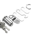 Cam Lock Set For Cabinets Drawers And Mailboxes, 16/30mm, view of lock, keys, and plates for tamper resistant hardware.