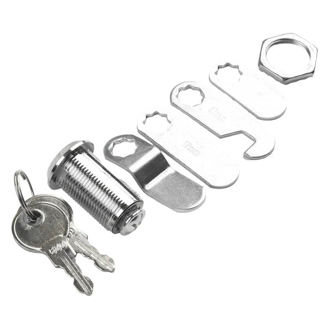 Cam Lock Set For Cabinets Drawers And Mailboxes, 16/30mm, view of lock, keys, and plates for tamper resistant hardware.