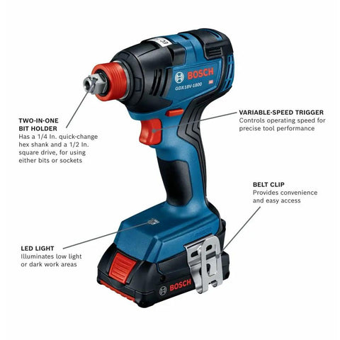 18V All In One Impact Driver And Wrench Kit with variable-speed trigger, hex shank, square drive, LED light, and belt clip visible