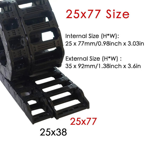 1 Meter Drag Chain Cable Carrier For CNC Routers And Industrial Machines, 25x77mm Open Type R55, black plastic, close-up