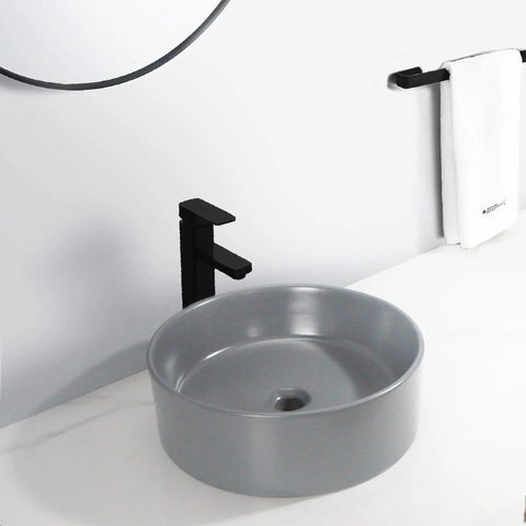 USZWBY Vessel Sinks Ceramic Vessel Sink Simple Round Matte Gray Artistic Countertop Basin Hotel Bathroom Bathroom Bowl Sink with faucet and towel.