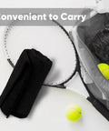 HOMEXCEL black microfiber washcloths, 24-pack, 12x12 inches, shown beside gym bag and tennis gear.
