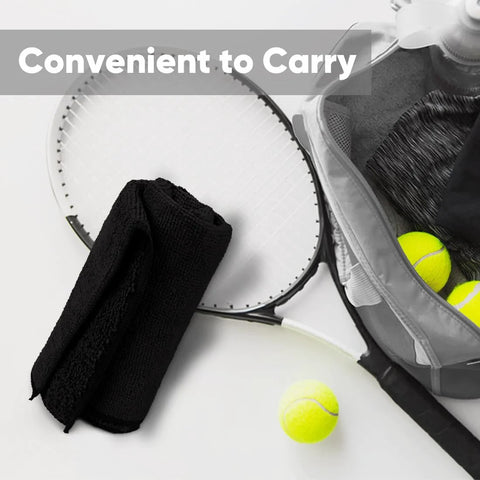 HOMEXCEL black microfiber washcloths, 24-pack, 12x12 inches, shown beside gym bag and tennis gear.