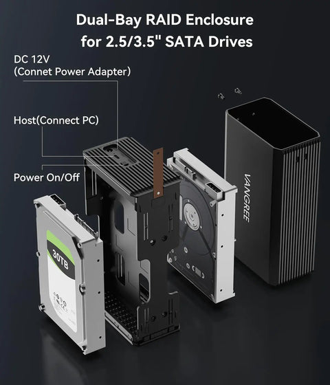 Dual Bay Raid Enclosure For 2.5 And 3.5 In Sata Hdd Ssd Aluminum External Dock With Fast Usb 3.0 Port showing internal components and drives.