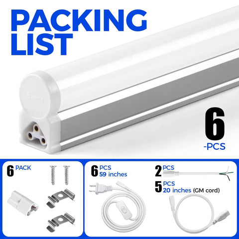 Six Pack Led T5 Integrated Shop Light 4ft 2200 Lumens 6500K Crazy Bright White Corded Fixture With On Off Switch ETL Listed For Ceiling Under Cabinet Garage Workbench