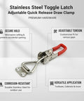 Heavy Duty Adjustable Stainless Steel Toggle Latch Quick Release Draw Clamp for Toolboxes and Cabinets shown with features