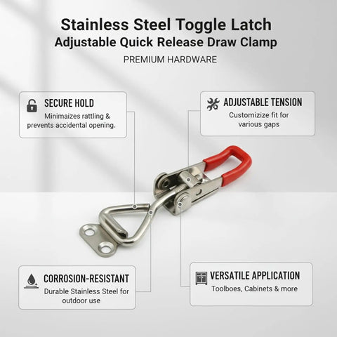 Heavy Duty Adjustable Stainless Steel Toggle Latch Quick Release Draw Clamp for Toolboxes and Cabinets shown with features