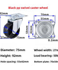 Four Pack Heavy Duty Flat Top Plate Caster Wheels With Dual Swivel And Double Wheel Brakes Floor Saving Poly Tires shown with measurements.