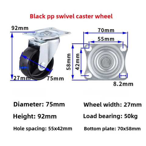 Four Pack Heavy Duty Flat Top Plate Caster Wheels With Dual Swivel And Double Wheel Brakes Floor Saving Poly Tires shown with measurements.