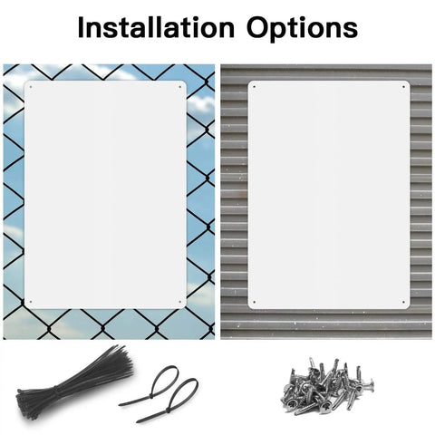 Four Pack White Sign Blanks 14 X 10 Inches Hella Durable Rust Free Aluminum Metal Sheets displayed with installation options.