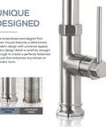 Close-up of a brushed nickel pull down kitchen faucet with dual function spray head and single handle, modern design detail visible.