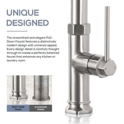 Close-up of a brushed nickel pull down kitchen faucet with dual function spray head and single handle, modern design detail visible.