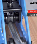 Tube Roller Bender Beast With 6 Interchangeable Dies bending round steel tube, showing machine in action with close-up on die mechanism