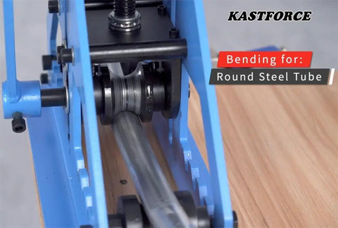 Tube Roller Bender Beast With 6 Interchangeable Dies bending round steel tube, showing machine in action with close-up on die mechanism