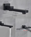 Straight Up Matte Black Ceiling Mount Shower System With Water Powered Led Rain Head Temp Tracking Color Swap Slick Handheld Sprayer And Smooth Swivel Tub Spout For Bathrooms showing matte black wall-mounted tub spout with measurements and water flow.