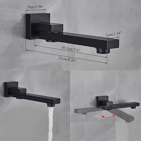 Straight Up Matte Black Ceiling Mount Shower System With Water Powered Led Rain Head Temp Tracking Color Swap Slick Handheld Sprayer And Smooth Swivel Tub Spout For Bathrooms showing matte black wall-mounted tub spout with measurements and water flow.