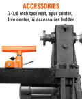 Benchtop wood lathe in black with orange tool rest, side view