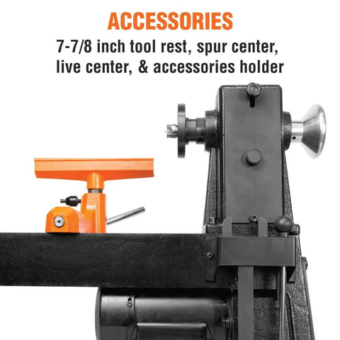 Benchtop wood lathe in black with orange tool rest, side view