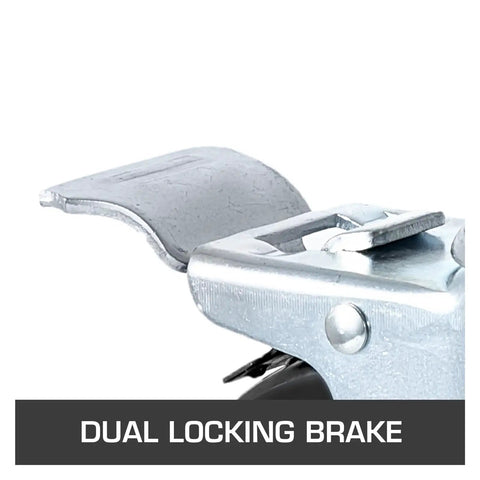 Tough As Nails 5 Inch Caster Wheels 4 Pack With Dual Locking Brakes close-up of dual locking brake mechanism for secure heavy lifting.