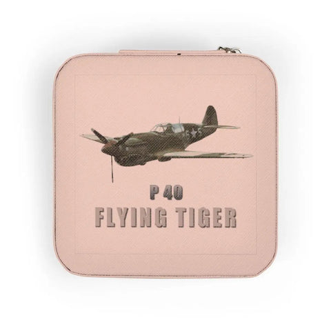 Top view of pink compact jewelry travel case with P-40 Flying Tiger design, carry on friendly mini organizer for purse or backpack.