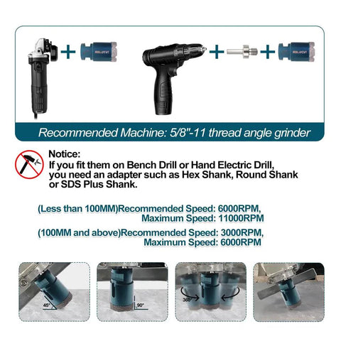 Diamond Core Drill Bits Set 10-Piece Tile Hole Saw Kit displayed with recommended machine setup and usage instructions.