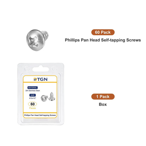 Sixty Pack Of Rugged Size Twelve X Half Inch Phillips Pan Head Self Tapping Screws Crafted From Top Shelf 304 Stainless Steel For Sheet Metal And Wood Jobs With No Sweat Assembly And Solid Grip Bright Finish in package