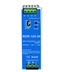 Front view of Beefy 24V DC Power Supply Dual Output 120W For DIN Rail Mount, blue enclosure with terminals visible.